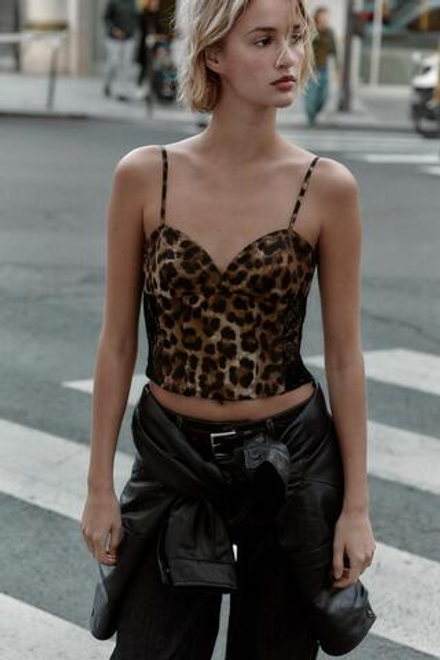 ZARA ТОП С АНИМАЛИСТИЧЕСКИМ ПРИНТОМ И КРУЖЕВОМ, ЛЕОПАРДОВЫЙ