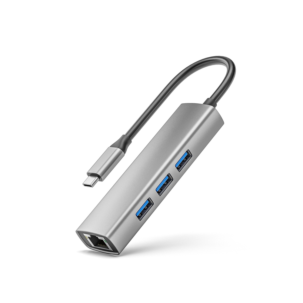 USB-хаб (концентратор) ORIENT JK-341N, Type-C разветвитель-сетевая карта USB 3.2 Gen1 (5 Гбит / c), порты: 3xUSB-A + RJ45 Gigabit Ethernet, RTL8153, 100 / 1000 Мбит / с, кабель USB Type-C, алюминиевый корпус, серебристый (33309)