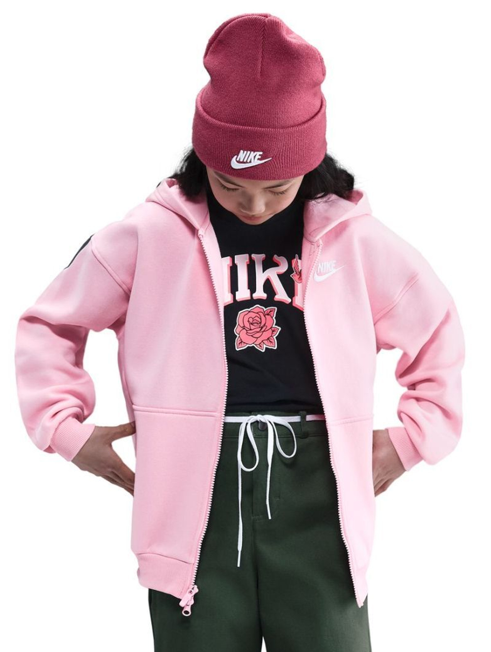 Кофта для девочки теннисная Nike Kids Sportswear Club Fleece Oversized Full Zip - med soft pink/white