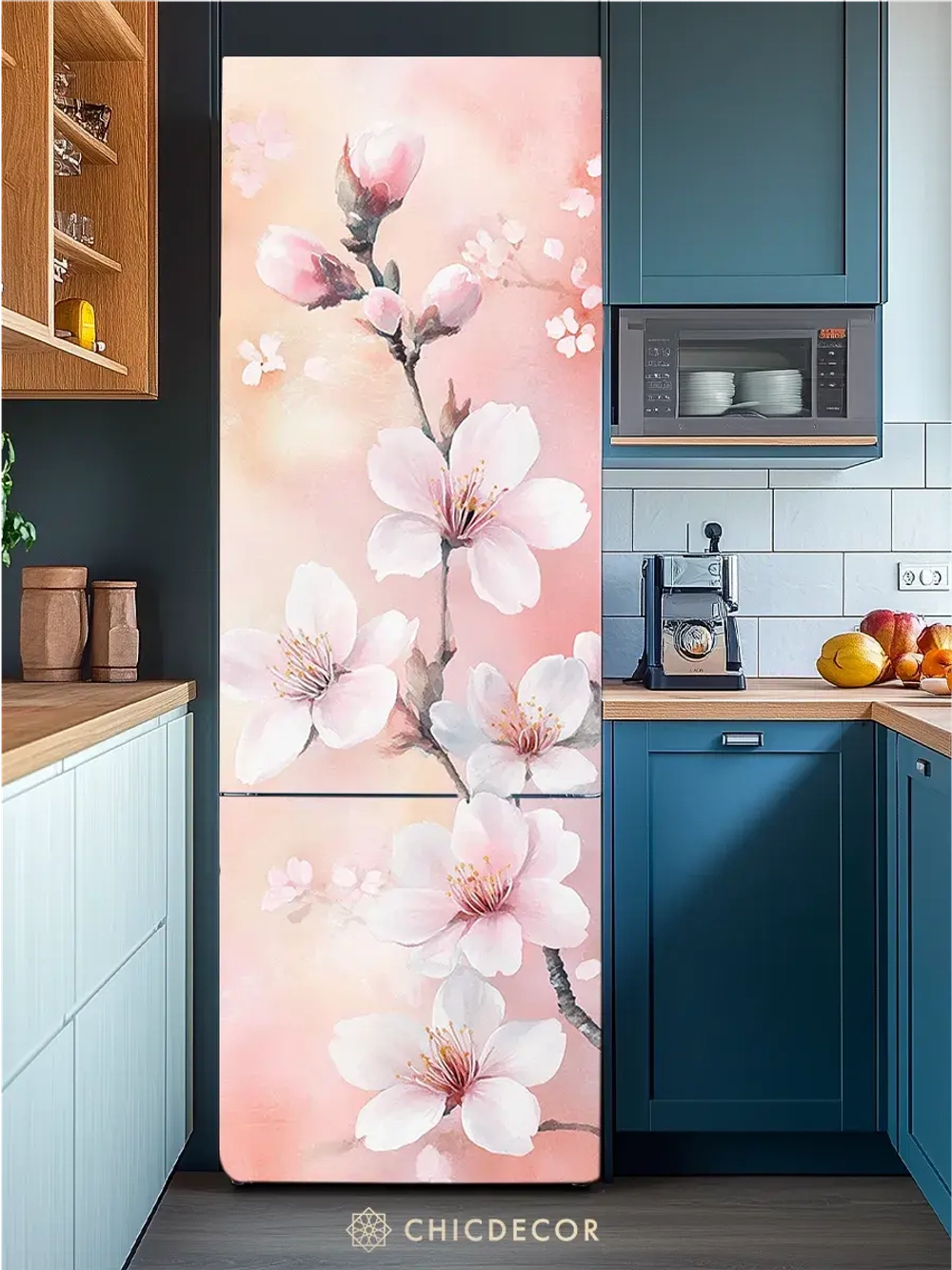 Наклейка на холодильник розовая Ветка яблони