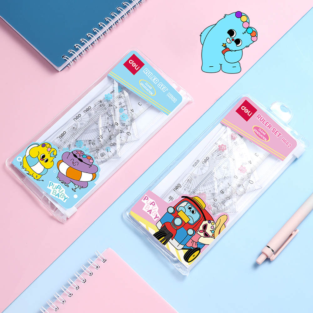 Набор линеек Deli "PupuBaby" (треугольник .2 шт, линейка 15 см,транспортир), прозрачный