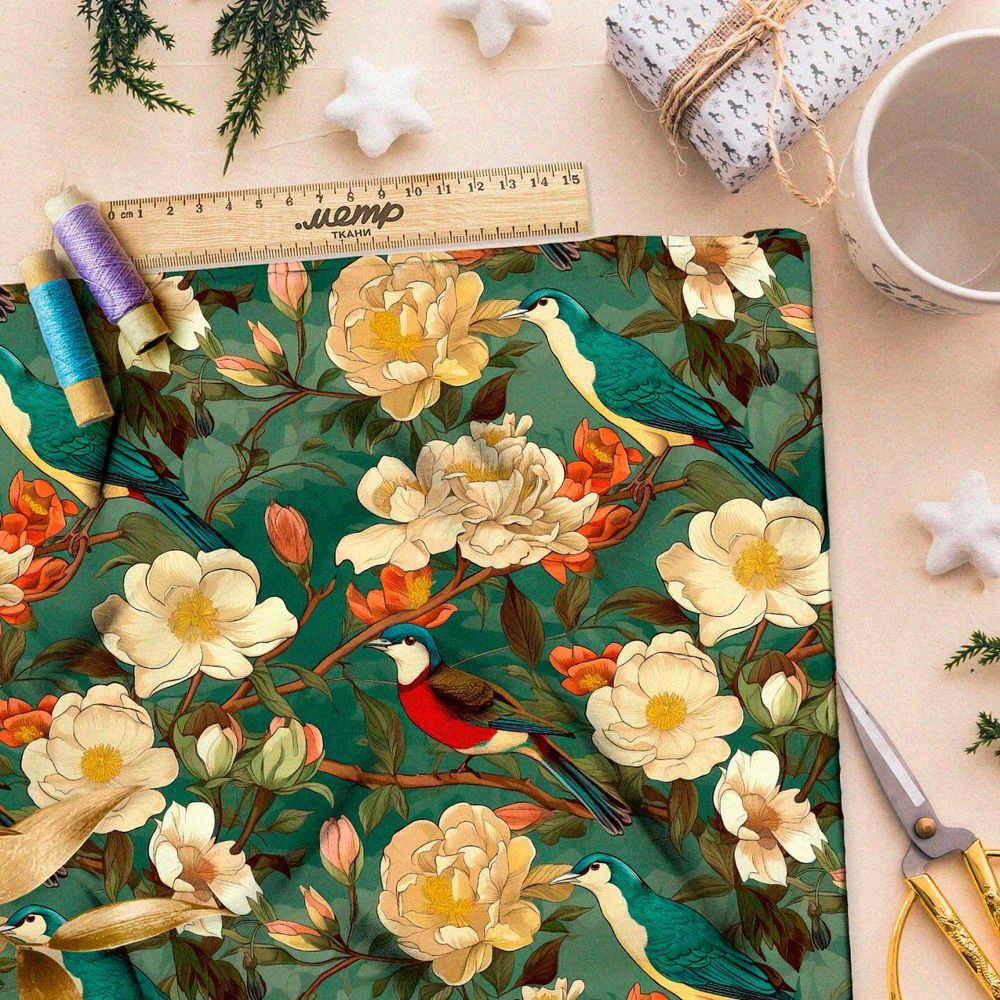 Ткань премиум шелк искусственный Армани птахи в цветущем саду