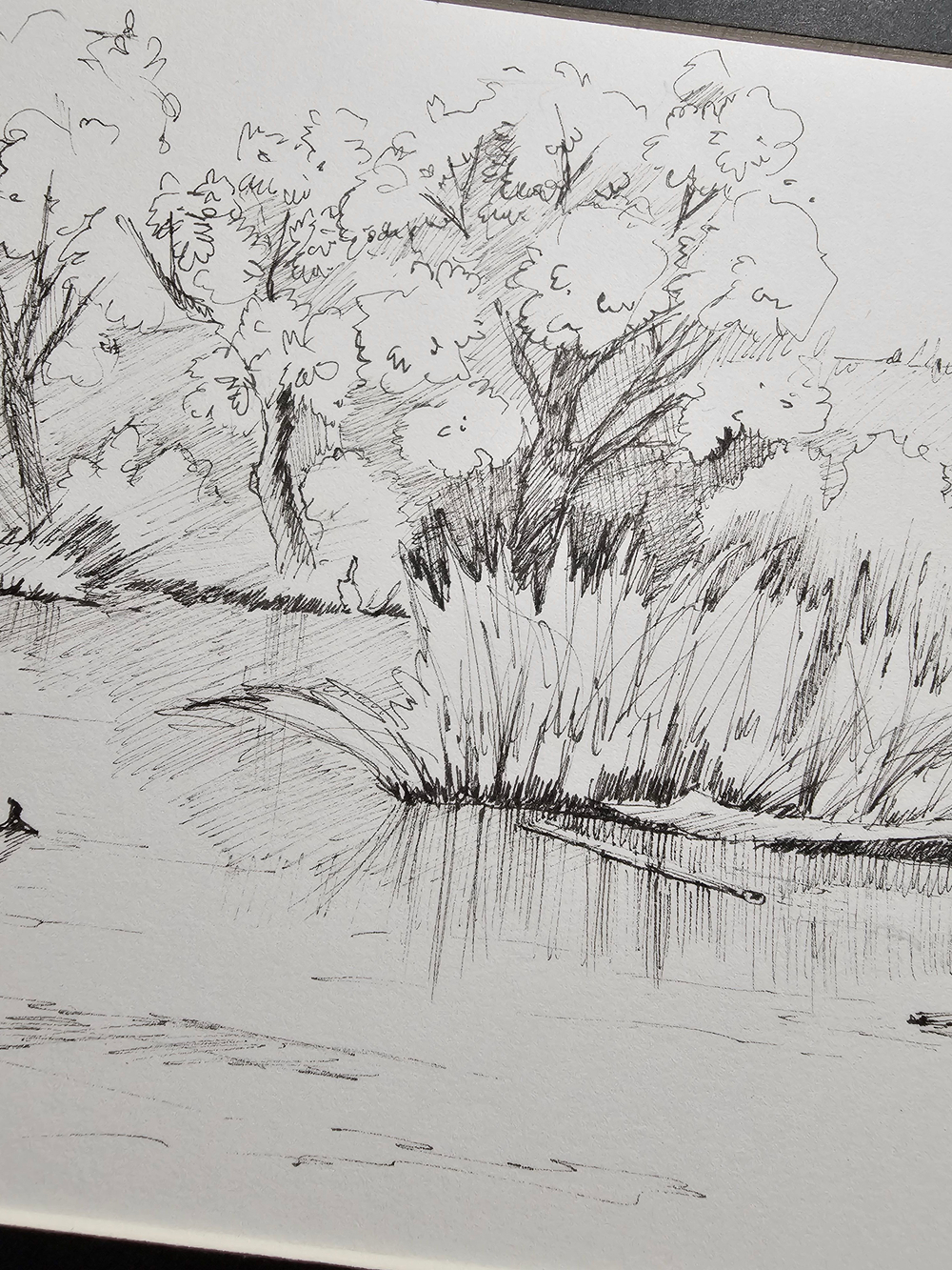 Картина, графика в паспарту 21х30 см на стену для интерьера "Берег реки Осетр"