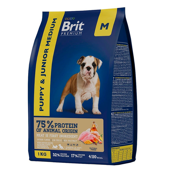 Корм BRIT Premium Dog Puppy and Junior Medium с курицей 1кг,для щенков средн.пород 03.25