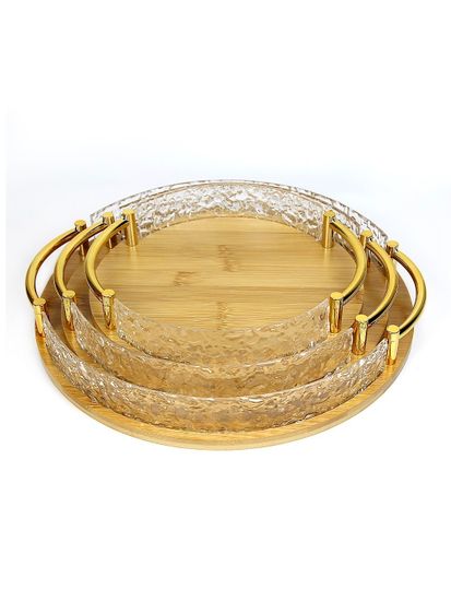 Поднос круглый 35 см. из бамбука с золотистыми ручками и бортиками из акрила