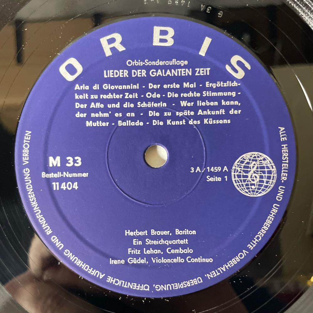 Винтажная виниловая пластинка LP Herbert Brauer Херберт Брауэр, Lieder Der Galanten Zeit (Германия 1973)