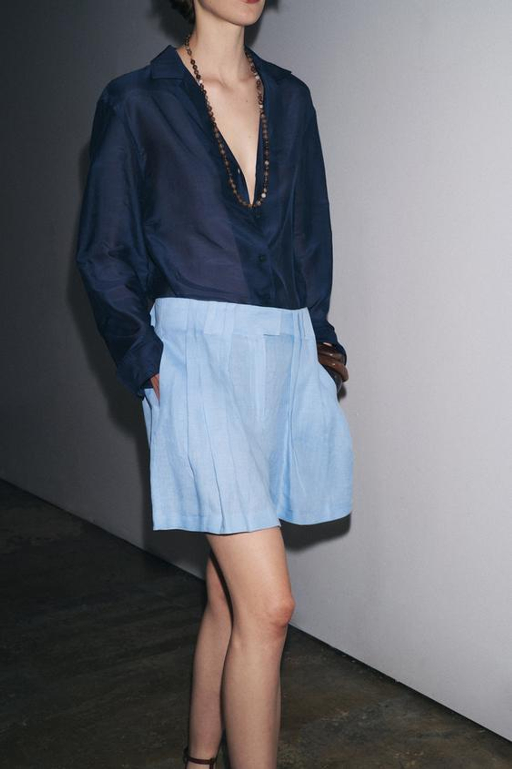 ZARA ЛЬНЯНЫЕ ШОРТЫ — ZW COLLECTION, ГОЛУБОЙ