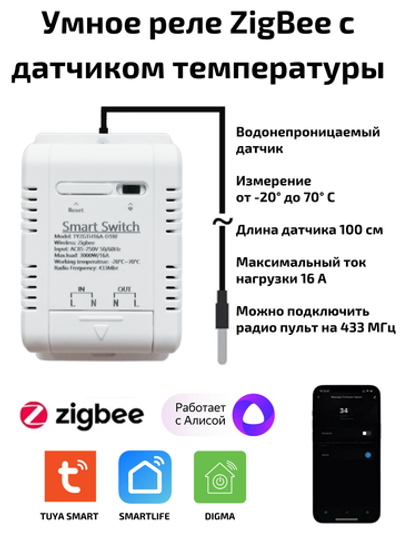 Умное реле Zigbee 16 А c датчиком температуры