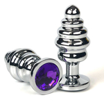 Серебристая ребристая анальная пробка с фиолетовым кристаллом - 7 см. (Цвет: фиолетовый)