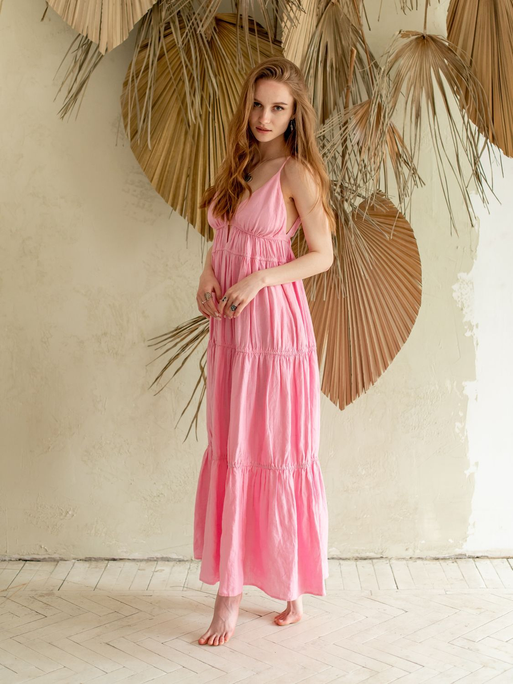 Длинный льняной сарафан (розовый)