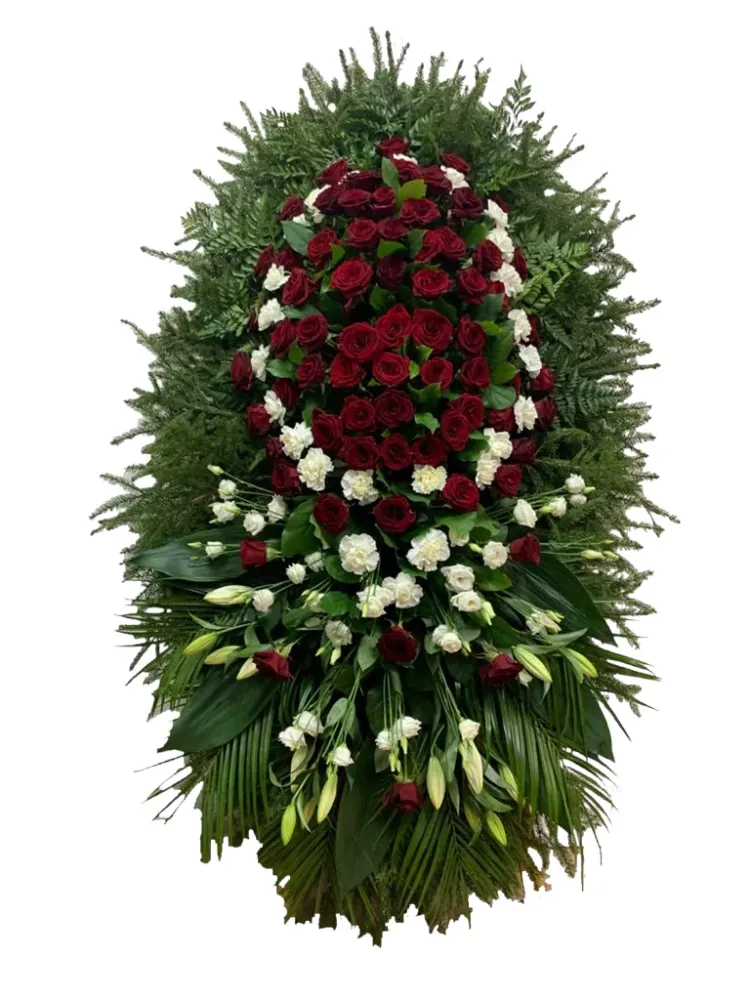 Траурный венок из живых бордовых роз, белых гвоздик и лилий с натуральной хвоей, размер 160 см Траурный венок из живых бордовых роз, белых гвоздик и лилий с натуральной хвоей, размер 160 см