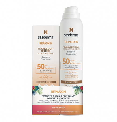 Sesderma НАБОР REPASKIN: INVISIBLE LIGHT TEXTURE SPF50 - Сверхлёгкое солнцезащитное средство для лица, 50 мл + TRANSPARENT SPRAY SPF50 - Спрей солнцезащитный прозрачный для тела, 200 мл