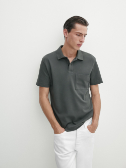 Massimo Dutti Поло из рельефного хлопка с карманом, водянисто-зеленый