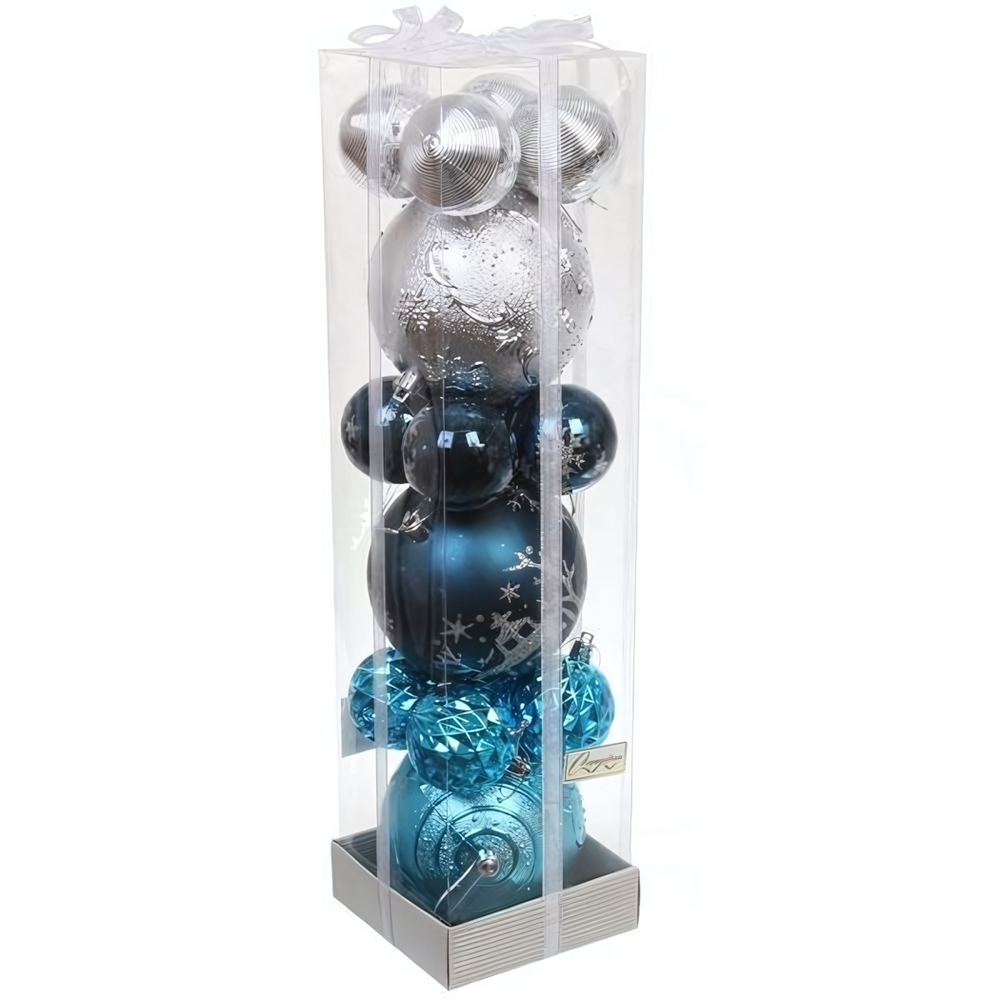 Набор шаров "Winter ice" 10 см + 5 см-15 предм. Серебро/Сапфир/Голубой