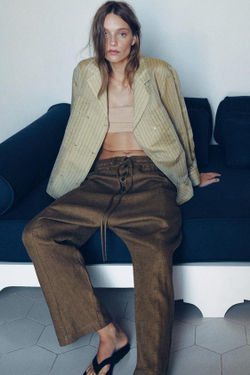 ZARA БРЮКИ BAGGY ИЗ СМЕСОВОГО ЛЬНА, КОРИЧНЕВЫЙ