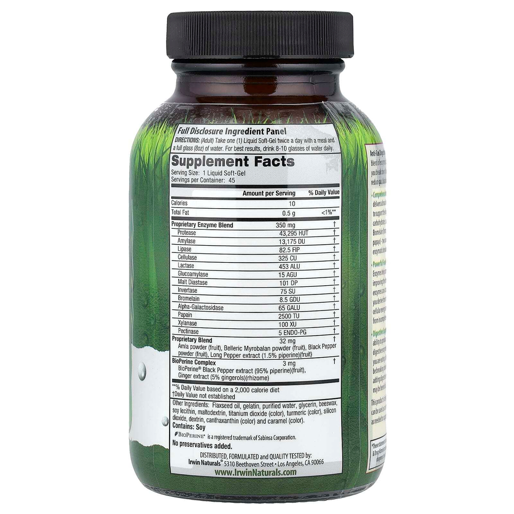 Irwin Naturals, Anti-Gas пищеварительные ферменты, 45 мягких желатиновых капсул