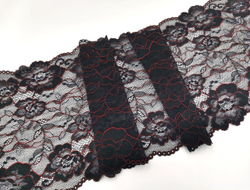 Эластичное кружево, ОПТ, 21 см, черное с красной кордовой нитью, (Арт: EK-2527), м
