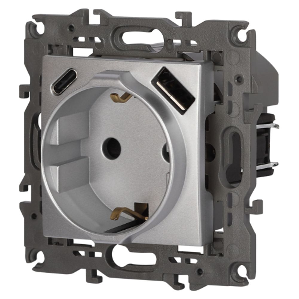 Розетка ЭРА Elegance 14-4108-03 2P+E 16A-250В со шторками с USB type-A+C 5В-3А алюминий