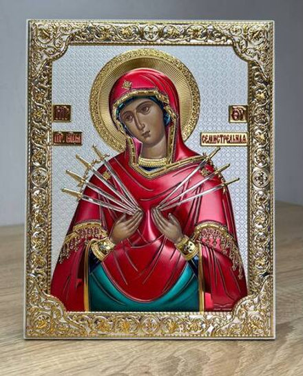 Семистрельная БМ, икона прямоугольная без рамки, белое дерево, эмаль 175х225