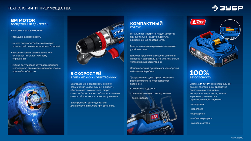 ЗУБР 20 В, 70 Н·м, 2 АКБ LMS (4 А·ч), бесщеточная ударная дрель-шуруповерт, кейс, ПРОФЕССИОНАЛ (DBS-70-42)