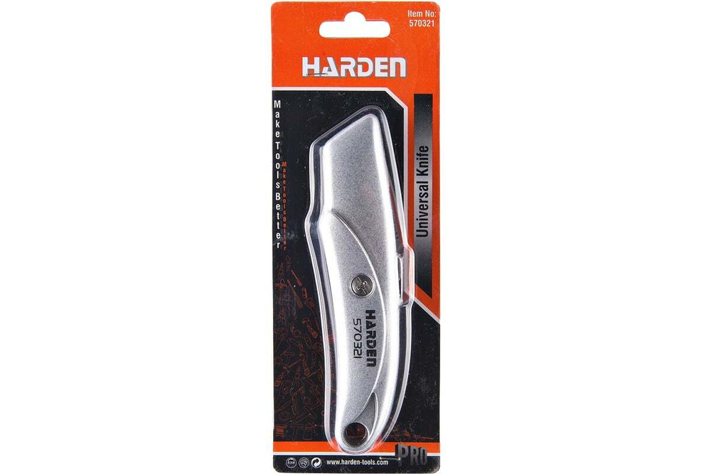 Нож HARDEN закрытый профессиональный, 18 мм, выдвижное трапециевидное лезвие, цельноалюминиевый 570325