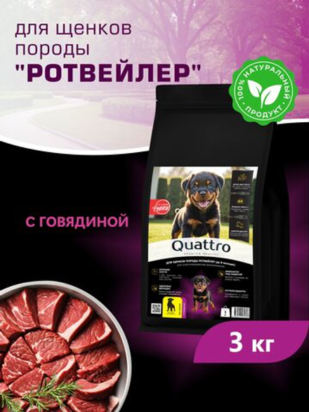 Корм сухой для щенков породы Ротвейлер, с говядиной, 3 кг, QUATTRO