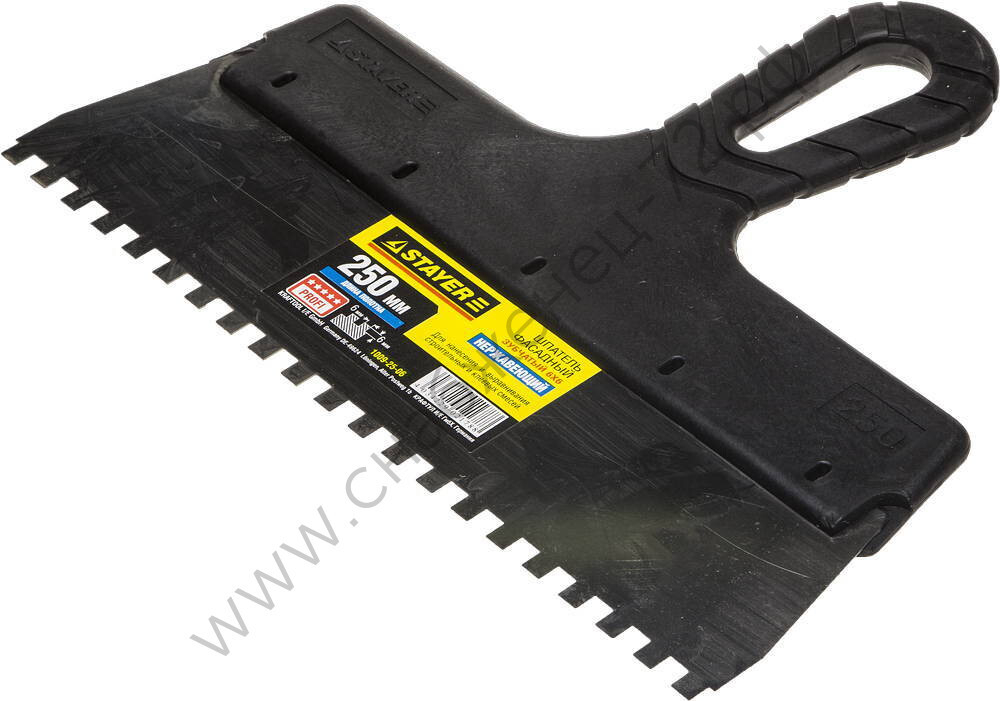 STAYER ProFLat 250 мм, зуб 6х6 мм, пластиковая ручка, зубчатый, нержавеющий, Фасадный шпатель, PROFESSIONAL (1009-25-06)