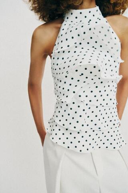 ZARA ТОП С ГОРЛОВИНОЙ ХАЛТЕР В ГОРОШЕК, БЕЛЫЙ/ЧЕРНЫЙ