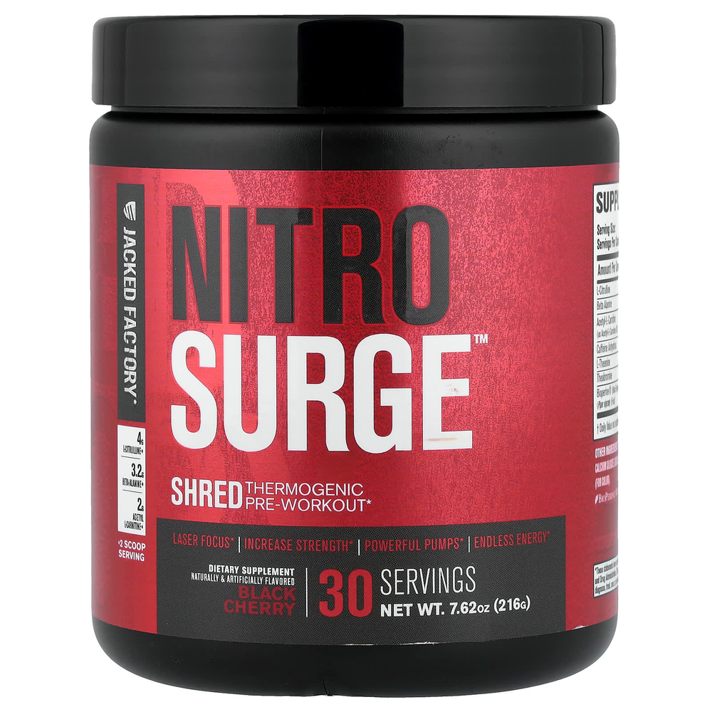 Jacked Factory, Nitro Surge™, Shred термогенный предтренировочный комплекс, со вкусом черешни, 216 г (7,62 унции)