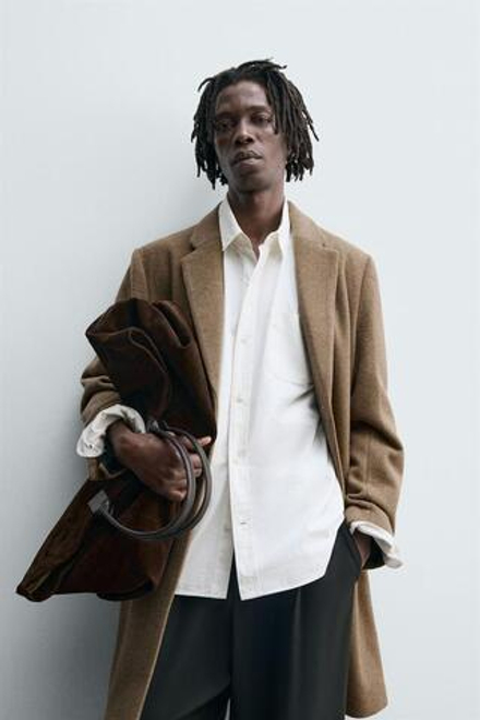 ZARA ПАЛЬТО КЛАССИЧЕСКОГО КРОЯ ИЗ ШЕРСТИ, СЕРО-КОРИЧНЕВЫЙ