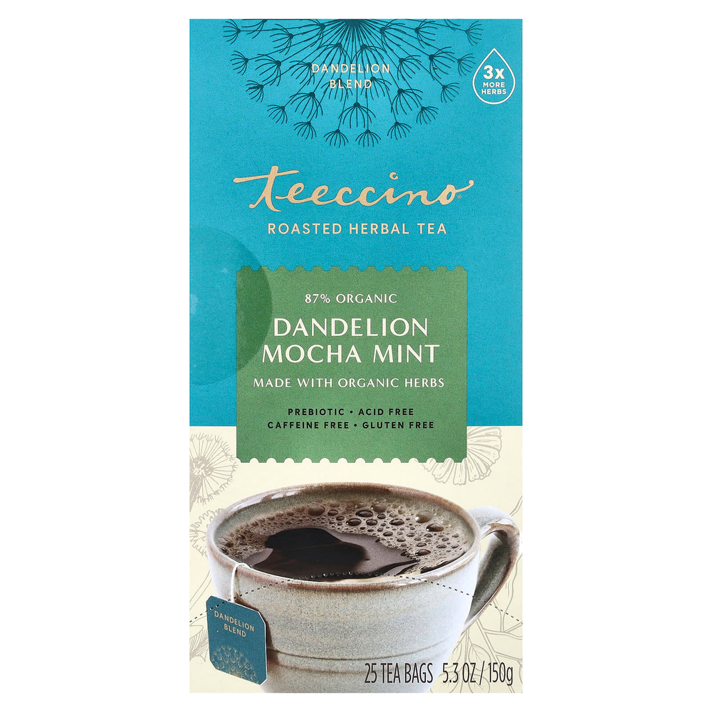 Teeccino, Жареный травяной чай, одуванчик, мокко и мята, без кофеина, 25 чайных пакетиков, 150 г (5,3 унции)