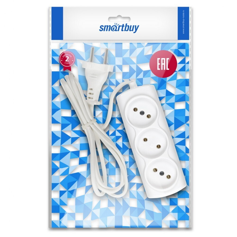 Удлинитель Smartbuy, 3 гнезда 1,5 метра 6А/1,35кВт без заземления 2х0,75 (SBE-10-3-1,5-F)