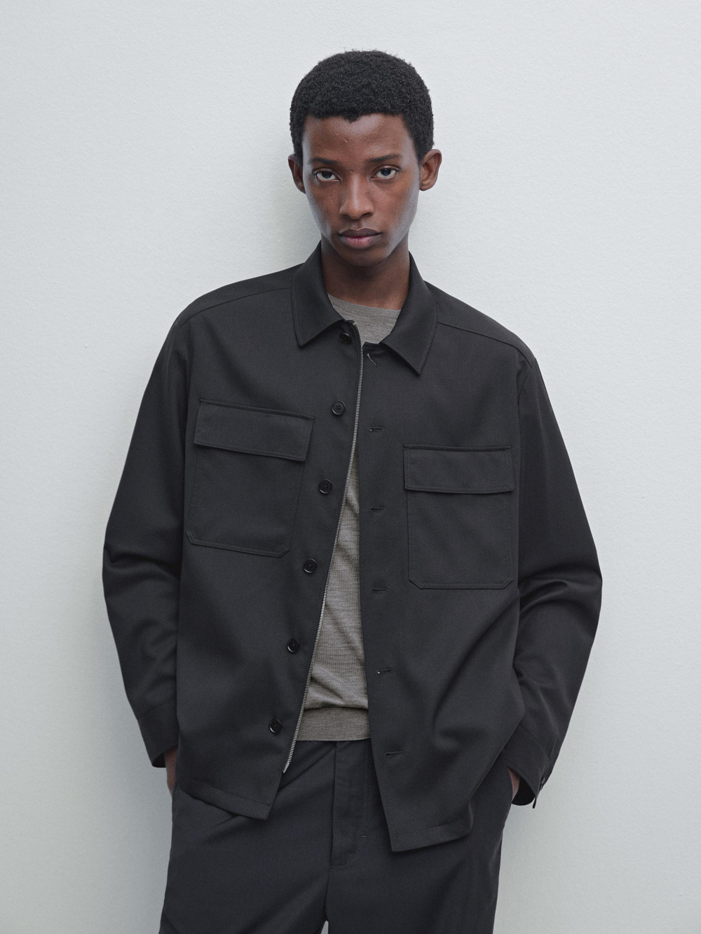 Massimo Dutti Куртка-рубашка из смесовой шерсти с застежкой-молнией, темно-синий