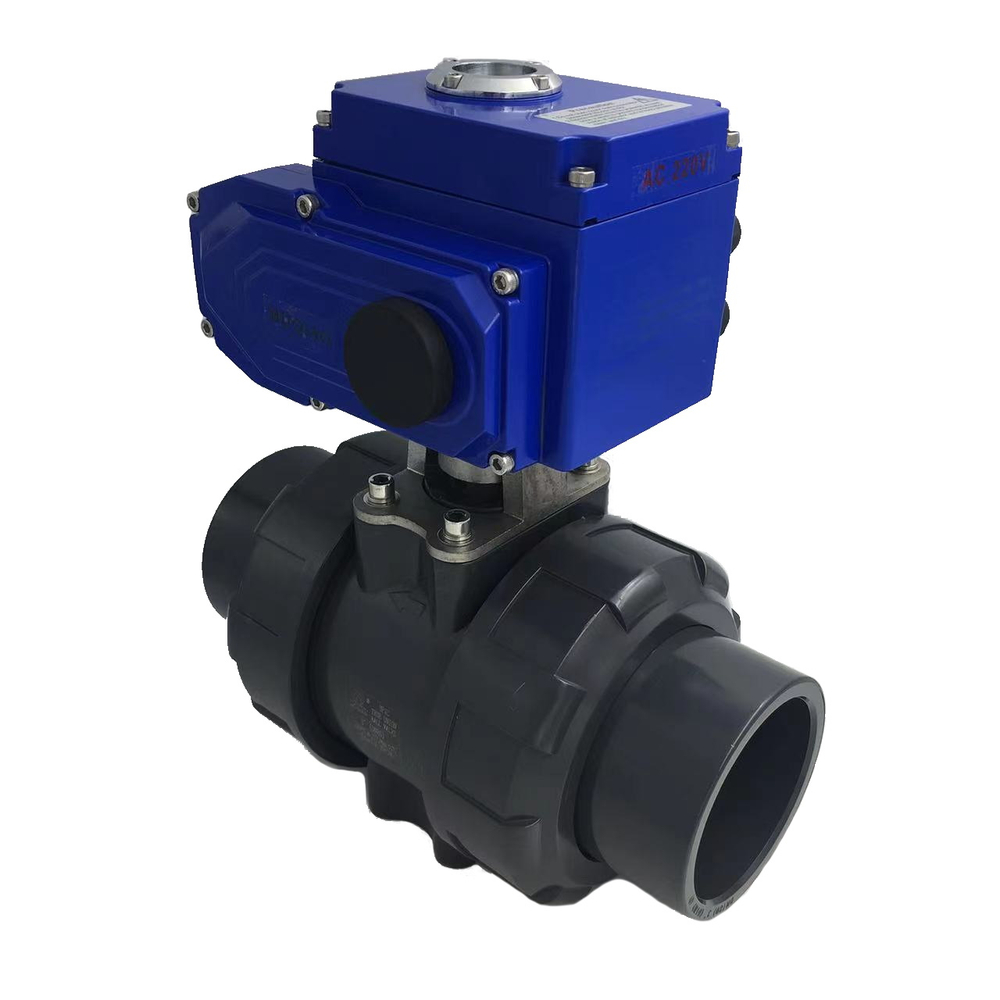 Кран шаровой ПВХ (НПВХ) разборный промышленный с электроприводом 24В - постоянный ток (время действия 15 сек) под клей, PTFE (Ру16), Китай