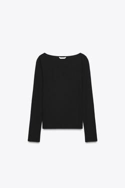 ZARA ХЛОПКОВАЯ ФУТБОЛКА С ВЫРЕЗОМ ЛОДОЧКОЙ, ЧЕРНЫЙ