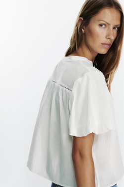 ZARA БЛУЗА С РУКАВАМИ СО СБОРКОЙ ПО НИЗУ, БЕЛЫЙ