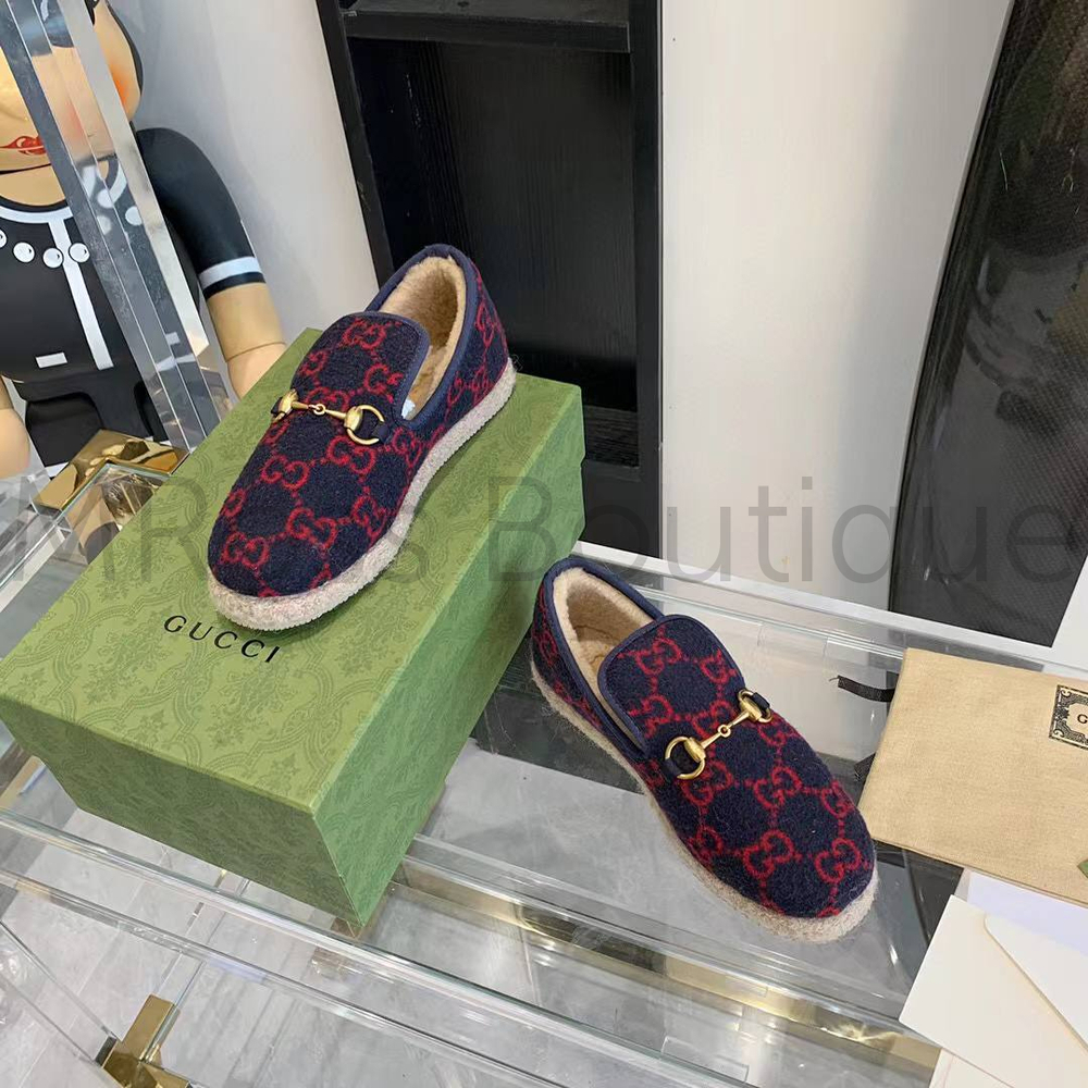 Женские лоферы Gucci GG Wool меховые с красным узором