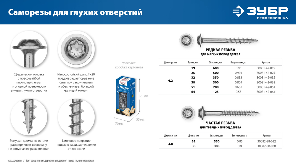ЗУБР 32 х 4.2 мм, редкая резьба, ТХ20, цинк, 350 шт, саморез для глухих отверстий, Профессионал (30081-42-032)