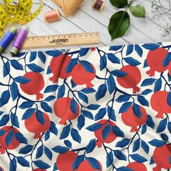 Ткань кулирная гладь японские гранаты с синей листвой