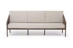 "Канны" диван 3-местный плетеный из роупа, каркас алюминий коричневый (RAL8016) муар, роуп коричневый круглый, ткань бежевая 035