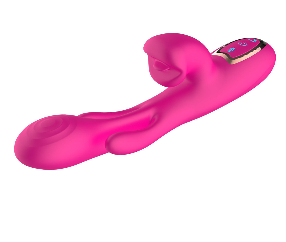 Розовый вибратор со стимуляцией клитора и фингерингом - 23,5 см. (Цвет: розовый)