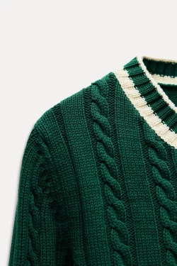 ZARA СВИТЕР С УЗОРОМ «КОСЫ», ЗЕЛЕНЫЙ