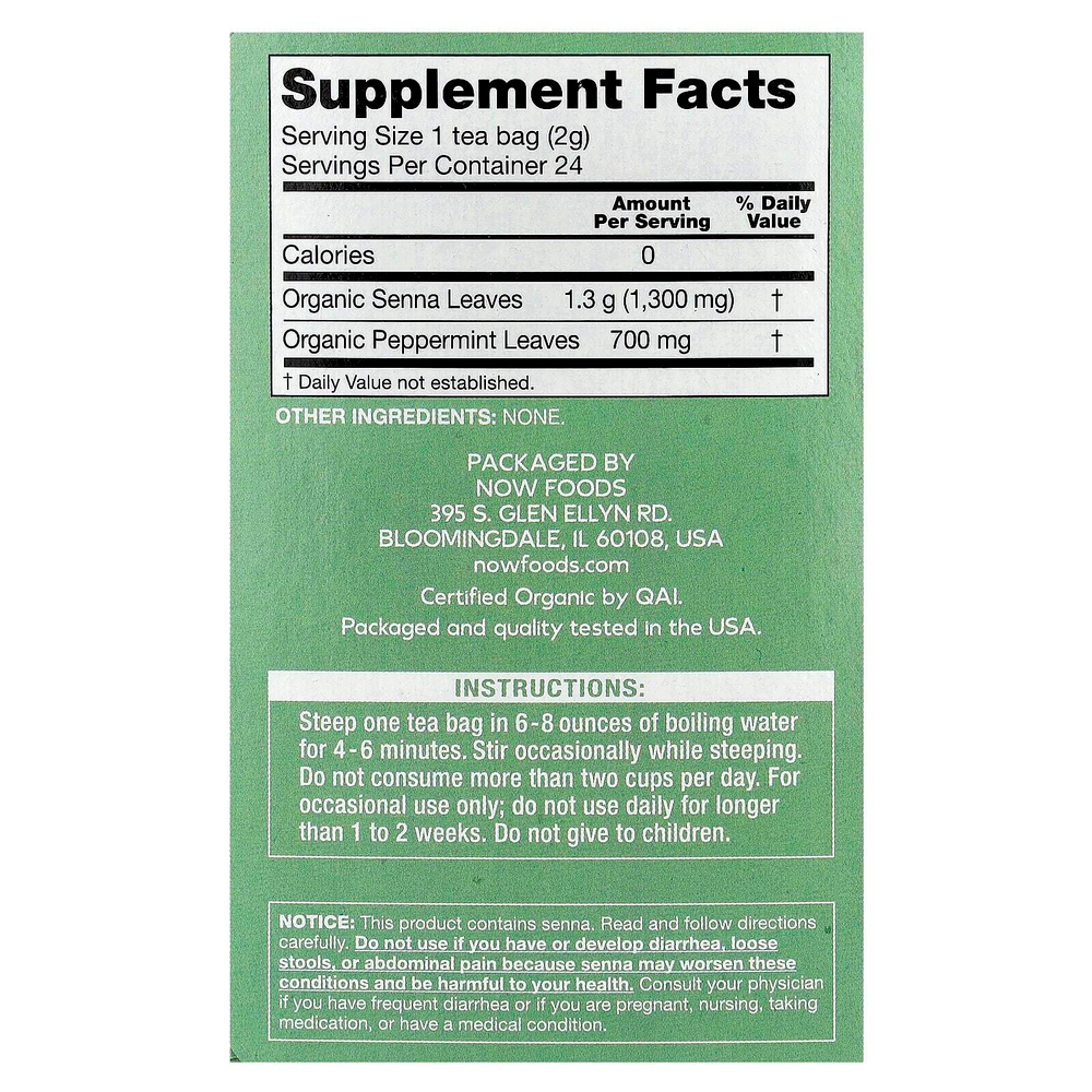 NOW Foods, органический чай из сенны и мяты, без кофеина, 24 чайных пакетика, 48 г (1,7 унции)