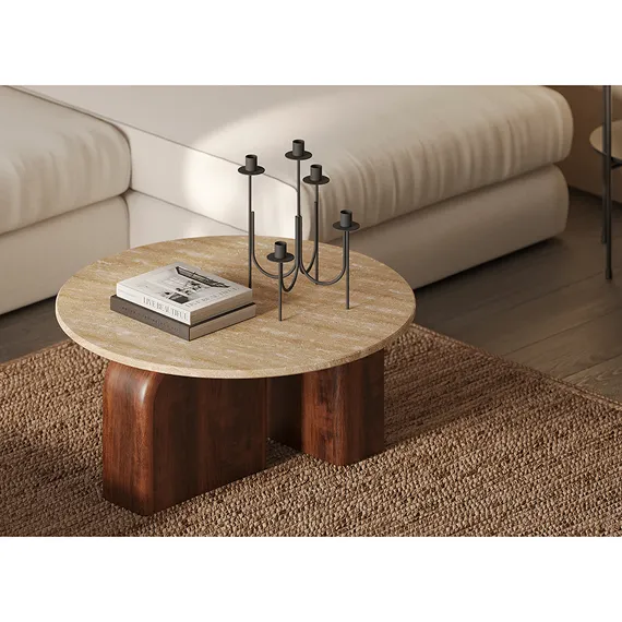 Журнальный столик Torhill, Ø80 см, бежевый травертин, орех