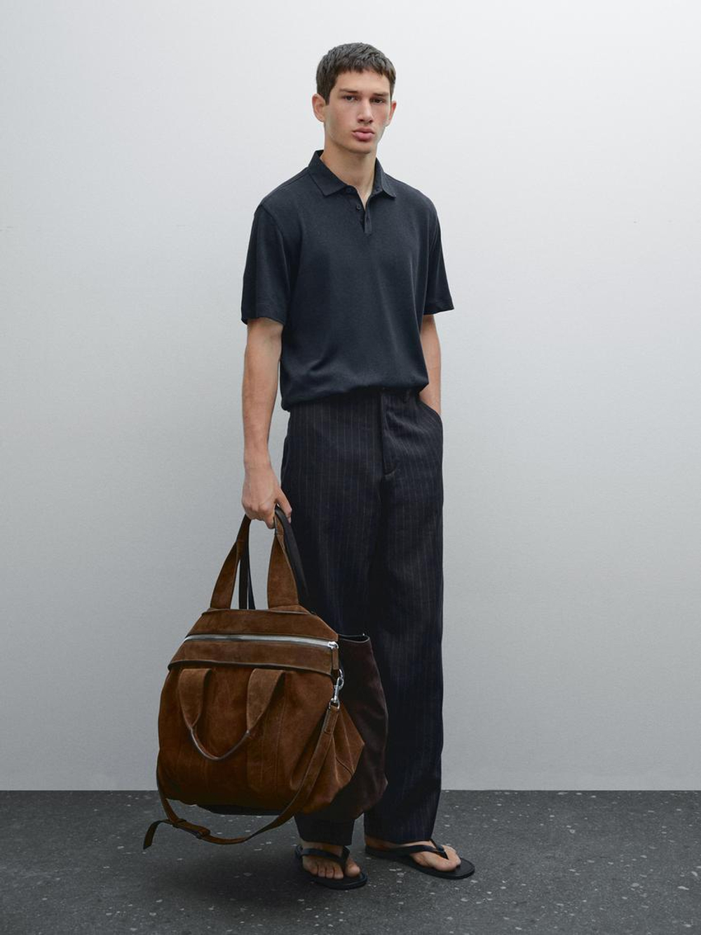 Massimo Dutti Футболка-поло с коротким рукавом из смесового льна, синий