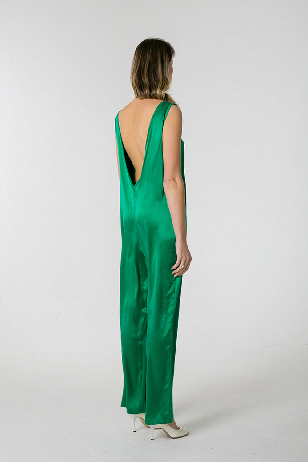 Silk jumpsuit with deep back neckline