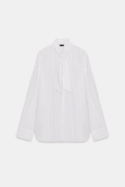 ZARA РУБАШКА ИЗ ПОПЛИНА В ПОЛОСКУ С ШАРФОМ, КОРИЧНЕВЫЙ/БЕЛЫЙ