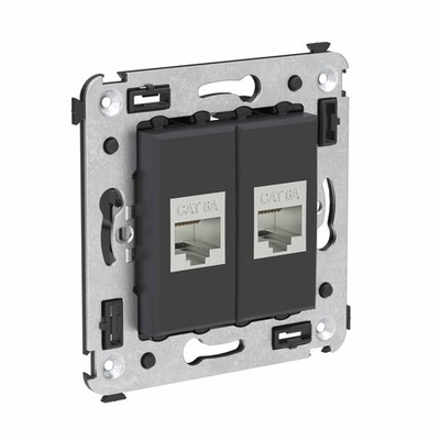 Компьютерная розетка RJ-45 без шторки в стену, кат.6А двойная экранированная, "Avanti", "Черный матовый"