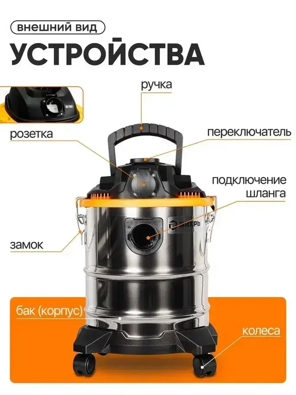 Пылесос строительный; Вихрь 1500 вт; 20л; пылесос строительный с розеткой