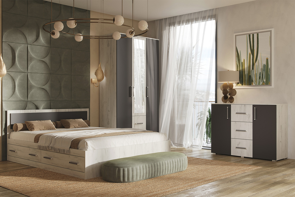 Шкаф трехстворчатый Фиеста (1200), Графит, Дуб Крафт белый